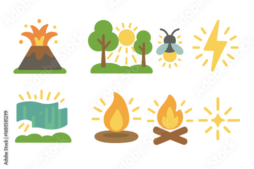 Nature Flare Illustrations. Flat vector mini-illustrations flare in nature in colors children's illustrations: volcanic flare, sun