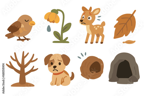 Nature's Struggles Icons. Flat vector mini-illustrations suffering in animals and nature in colors children's illustrations: