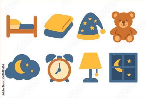 Nighttime Objects for Kids. Flat vector mini-illustrations nighttime objects in colors children's illustrations: bed, blanket,