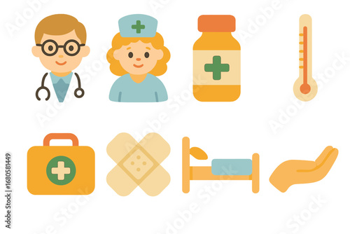 Orphan Health Care Icons. Flat vector mini-illustrations orphan health care in colors children's illustrations: doctor, nurse,