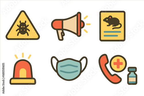 Plague Awareness Icons. Flat vector mini-illustrations plague awareness in colors children's illustrations: warning sign,