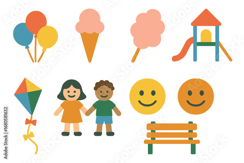 Playful Park Day. Flat vector mini-illustrations fun walk in colors children's illustrations: balloons, ice cream, cotton candy,