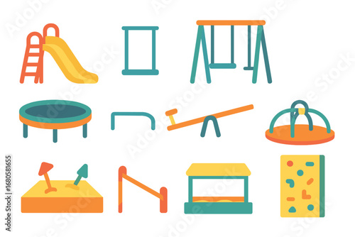 Playground Fun Icons. Flat vector mini-illustrations thrill playground fun in colors children's illustrations: slide, swing,