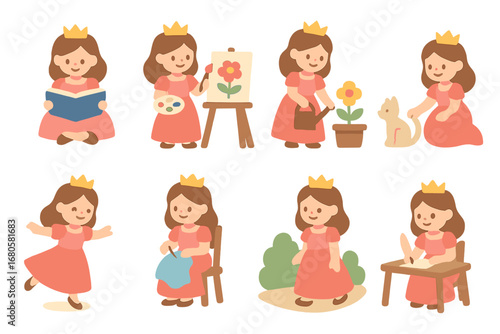 Princess Daily Activities. Flat vector mini-illustrations princess daily life in colors children's illustrations: reading book,