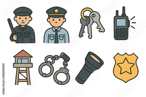 Prison Guard Illustrations. Flat vector mini-illustrations prison guards and staff in colors children's illustrations: guard with