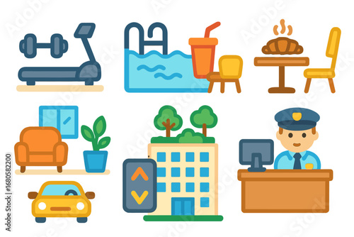 Skyscraper Amenities Icons. Flat vector mini-illustrations skyscraper amenities in colors children's illustrations: gym, swimming