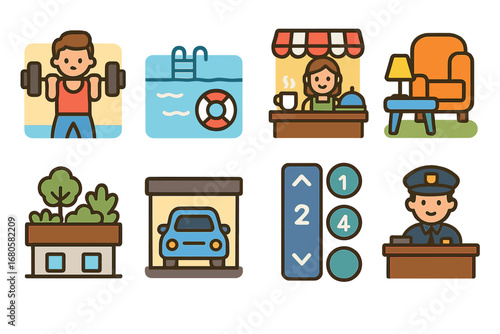 Skyscraper Amenities Icons. Flat vector mini-illustrations skyscraper amenities in colors children's illustrations: gym, swimming