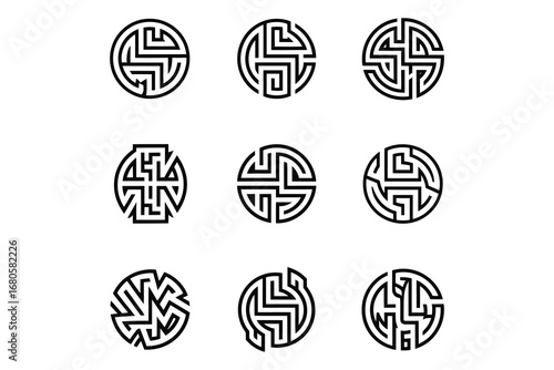 Collection of nine circular black and white maze like abstract designs set on white