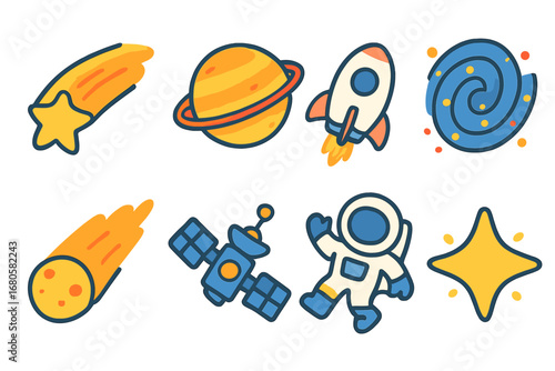 Space Adventure Icons. Flat vector mini-illustrations space motion in colors children's illustrations: shooting comet, orbiting