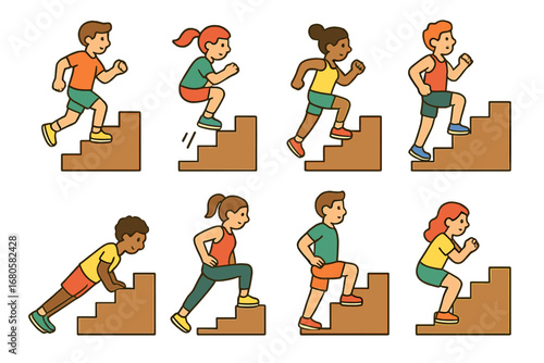 Stair Fitness Icons. Flat vector mini-illustrations stairs in sports and fitness in colors children's illustrations: stair running
