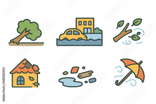 Stormy Icons Grid. Flat vector mini-illustrations storm effects in colors children's illustrations: fallen tree, flooded street,
