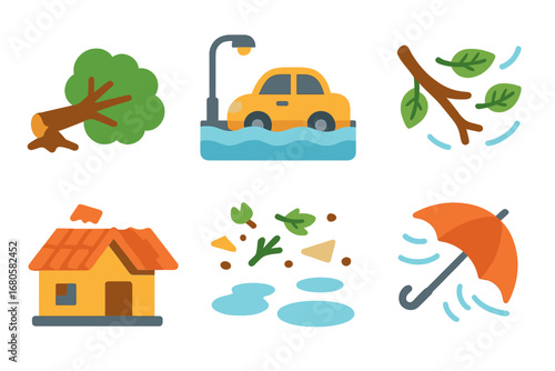 Stormy Icons Grid. Flat vector mini-illustrations storm effects in colors children's illustrations: fallen tree, flooded street,