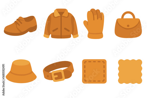 Suede Children's Icons. Flat vector mini-illustrations suede in colors children's illustrations: suede shoe, suede jacket, suede