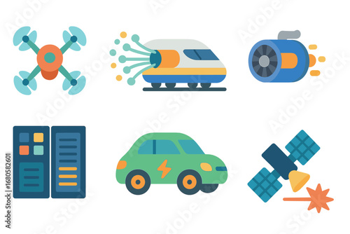 Tech Icons for Kids. Flat vector mini-illustrations fast technology in colors children's illustrations: racing drone, high-speed