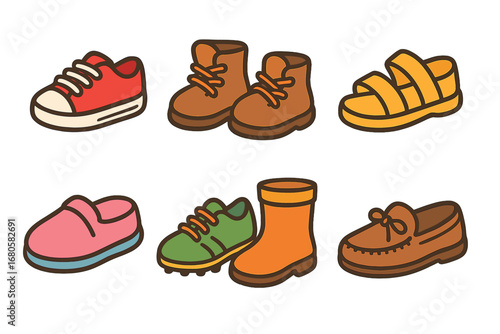 Tight Shoes Collection. Flat vector mini-illustrations tight shoes in colors children's illustrations: tight sneakers, tight boots