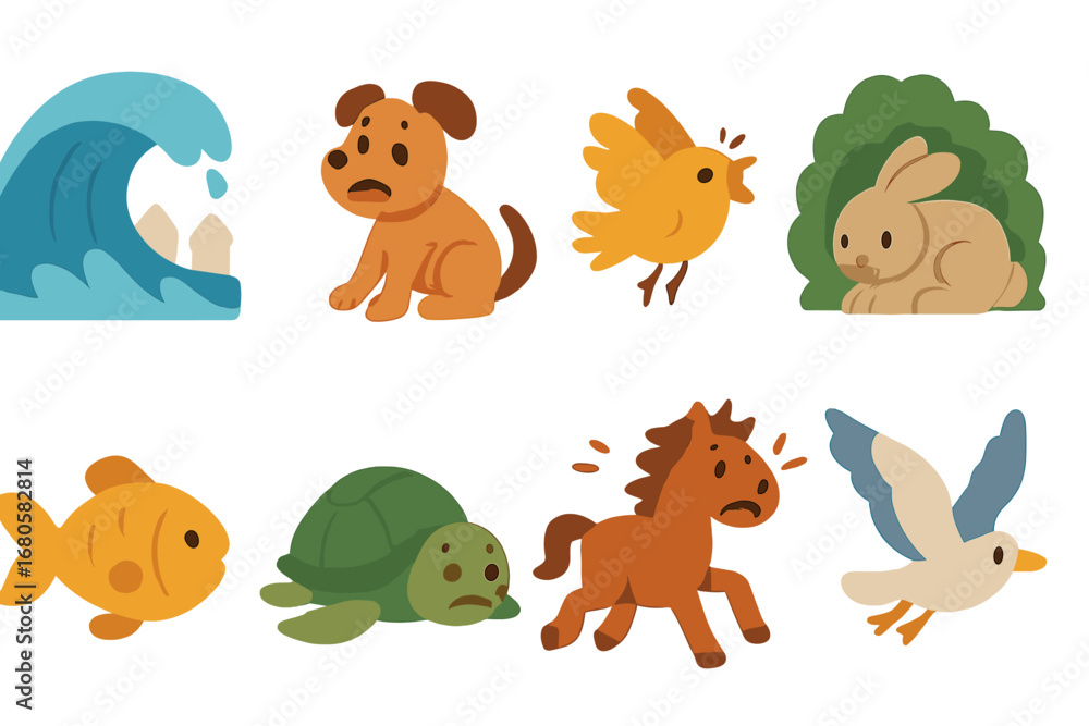 Fototapeta premium Tsunami Animal Icons. Flat vector mini-illustrations tsunami and animals in colors children's illustrations: frightened dog,
