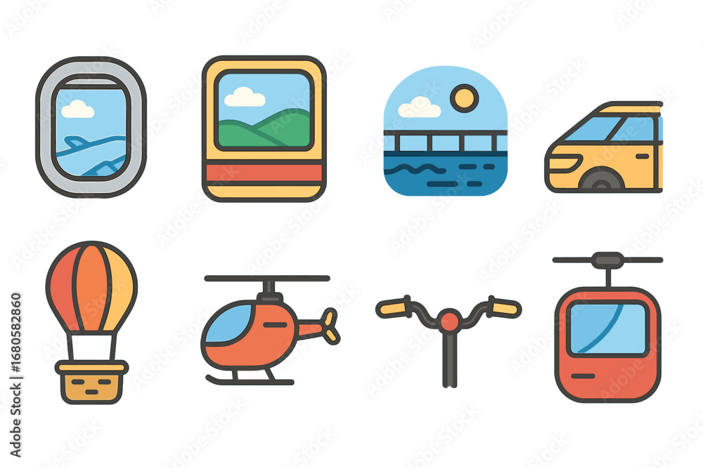 Obraz premium Vehicle Windows Icons. Flat vector mini-illustrations panoramic views from vehicles in colors children's illustrations: airplane