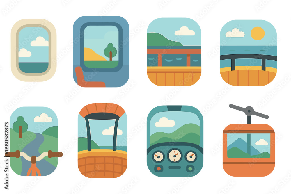 Obraz premium Vehicle Windows Icons. Flat vector mini-illustrations panoramic views from vehicles in colors children's illustrations: airplane