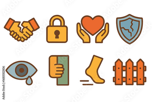 Trust Breakdown Icons. Flat vector mini-illustrations betrayal trust in colors children's illustrations: handshake breaking,