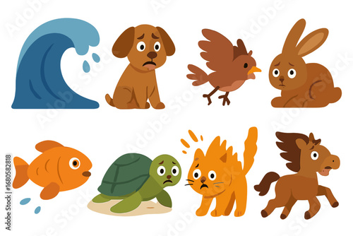 Tsunami Animal Icons. Flat vector mini-illustrations tsunami and animals in colors children's illustrations: frightened dog,
