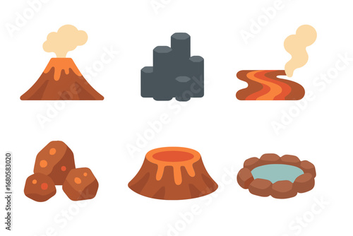 Volcanic Mini-Illustrations. Flat vector mini-illustrations volcanic landscape in colors children's illustrations: volcanic