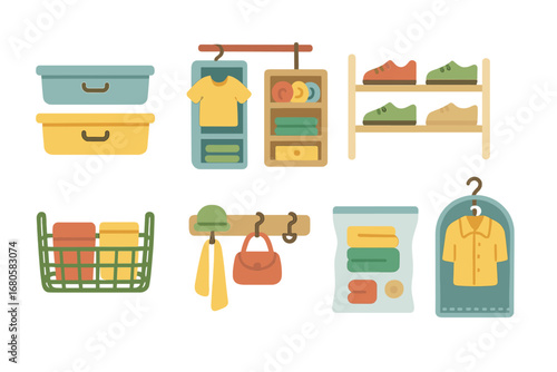 Wardrobe Storage Solutions. Flat vector mini-illustrations wardrobe storage solutions in colors children's illustrations: