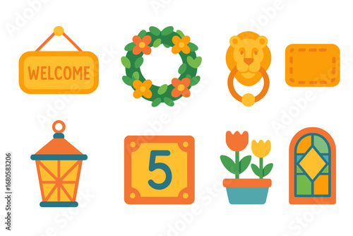Whimsical Door Decor Icons. Flat vector mini-illustrations door decorations in colors children's illustrations: welcome sign,