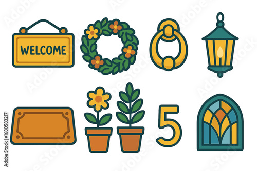 Whimsical Door Decor Icons. Flat vector mini-illustrations door decorations in colors children's illustrations: welcome sign,
