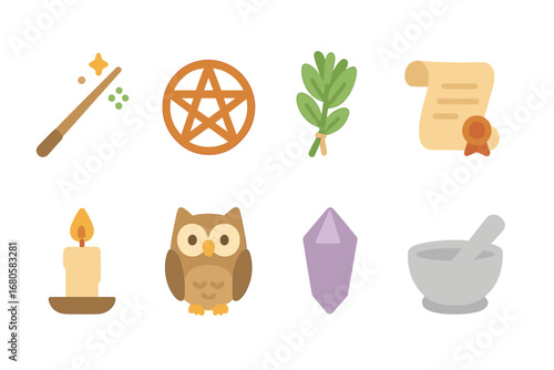Witchcraft Tools Icons. Flat vector mini-illustrations witchcraft tools in colors children's illustrations: wand, pentagram, herbs