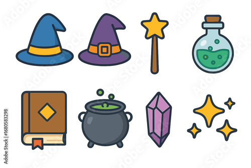 Wizard and Witch Tools. Flat vector mini-illustrations wizard and witch tools in colors children's illustrations: wizard hat,
