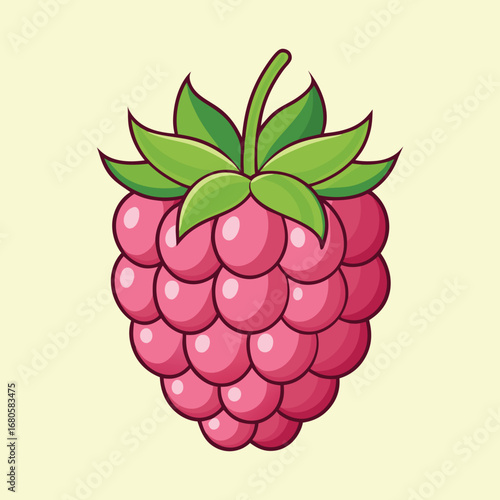 Illustration of a raspberry with green leaves and soft yellow background