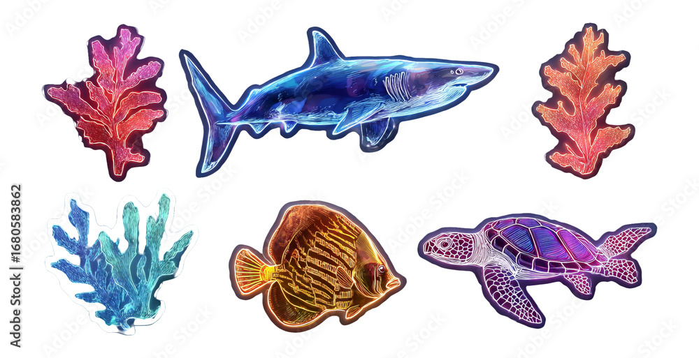 Fototapeta premium Colorful Marine Animals and Coral on Transparent Background