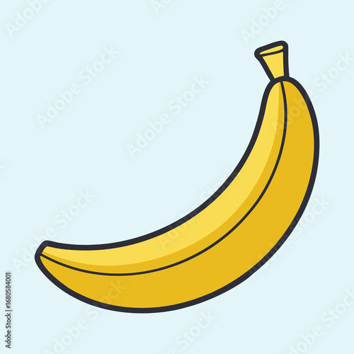 A cartoon illustration of a bright yellow banana with a dark outline