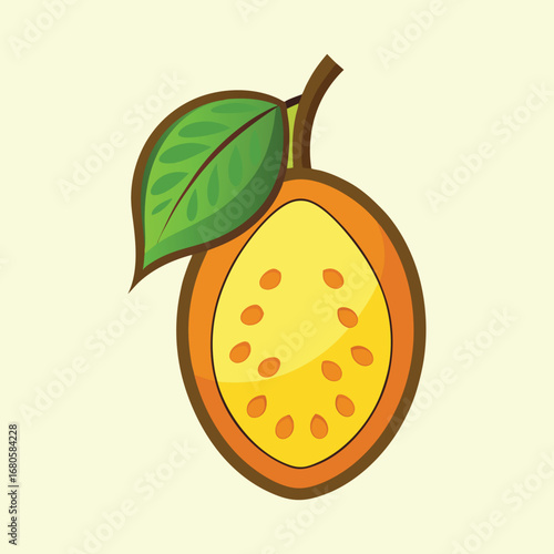 Stylized passion fruit illustration with a leaf, showcasing vibrant colors and design