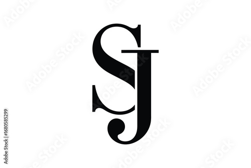 A stylized monogram featuring the letters s and j in a black and white design