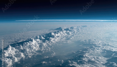 Earth's atmosphere seen from space, clouds stretching across the horizon