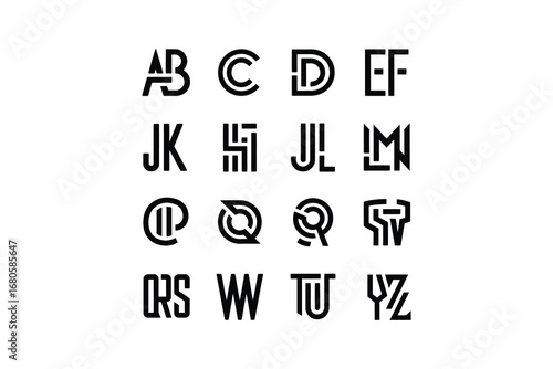 A collection of sixteen unique letter designs in black on a white background