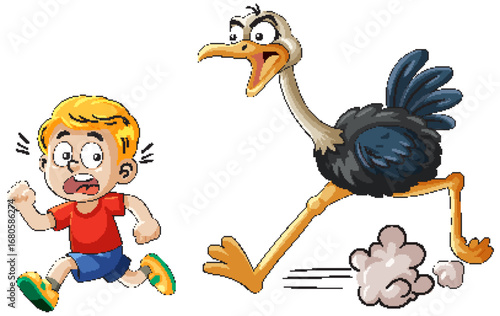 Boy Running from Ostrich in Cartoon Style