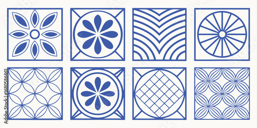 Tile. Pattern. Blue and White. A classic vector icon set of eight traditional tile patterns with floral and geometric designs for a portuguese azulejo, a delft blue, or a ceramic background.
