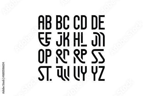 A graphic display of a stylized alphabet in a grid pattern on white background