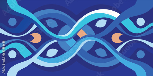 Abstract. DNA. Science. A modern vector background with intertwined blue waves and shapes resembling a DNA strand for a biotechnology presentation, a science poster, or a medical website.
