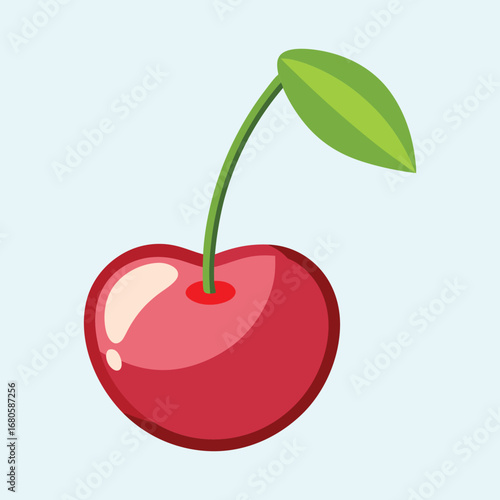 Bright and cheerful illustration of a shiny red cherry with green stem