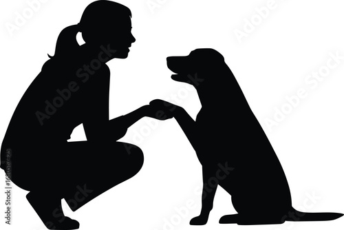 Silhouette of Woman Training Dog, Girl Teaching Pet, Giving Paw, Black Vector Illustration, Friendship, Obedience, Pet Care