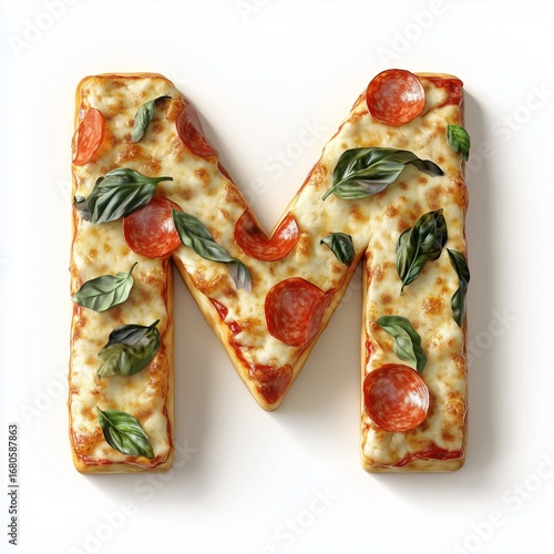 Letter M shaped alphabet from pizza pattern with sausage slice, isolated white