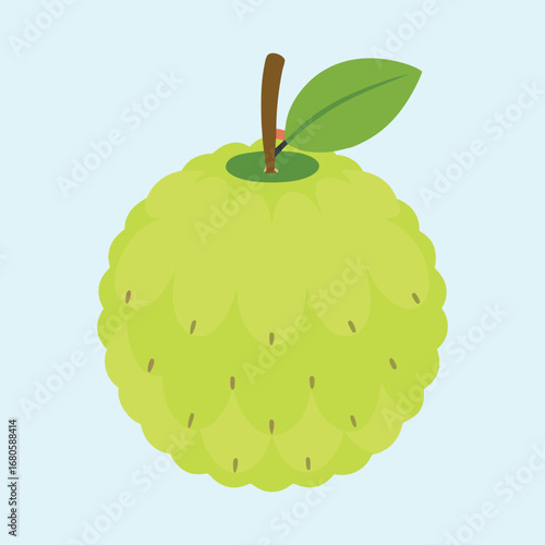 Cute cartoon illustration of a green custard apple with a leaf