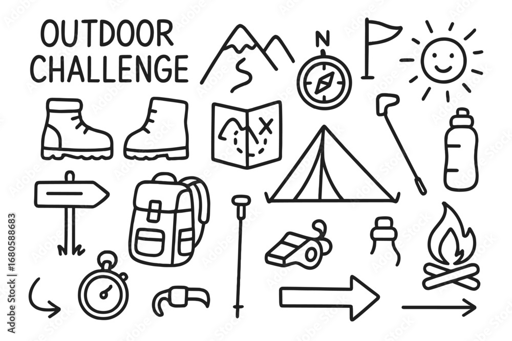 Naklejka premium Adventure Gear Icons. Hand-drawn doodle illustration outdoor challenge mountain, compass, hiking boots, map, flag, tent, backpack,