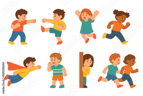 Action-Packed Icons Grid. Flat vector mini-illustrations comic actions in colors children's illustrations: punch, kick, jump, run,