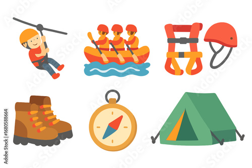 Adventure Kids Mini-icons. Flat vector mini-illustrations adventure activities in colors children's illustrations: zip line,