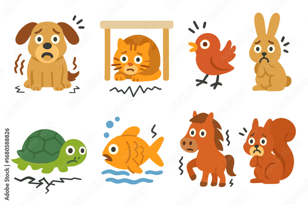 Naklejka premium Animal Earthquake Reactions. Flat vector mini-illustrations earthquake and animals in colors children's illustrations: scared dog,