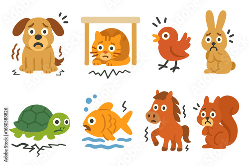 Animal Earthquake Reactions. Flat vector mini-illustrations earthquake and animals in colors children's illustrations: scared dog,